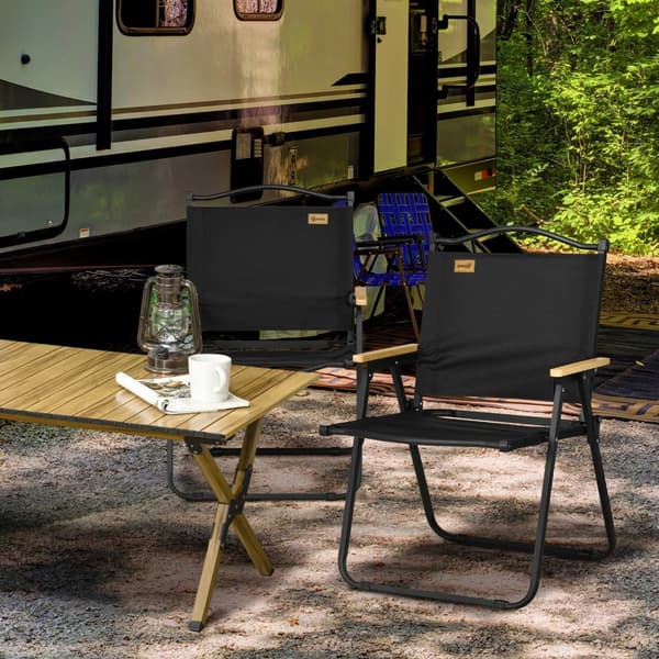 Campingstolesæt med 2 klapstole med stålstel, trælook, klapstole til pool, strand, Oxford, sort Aosom