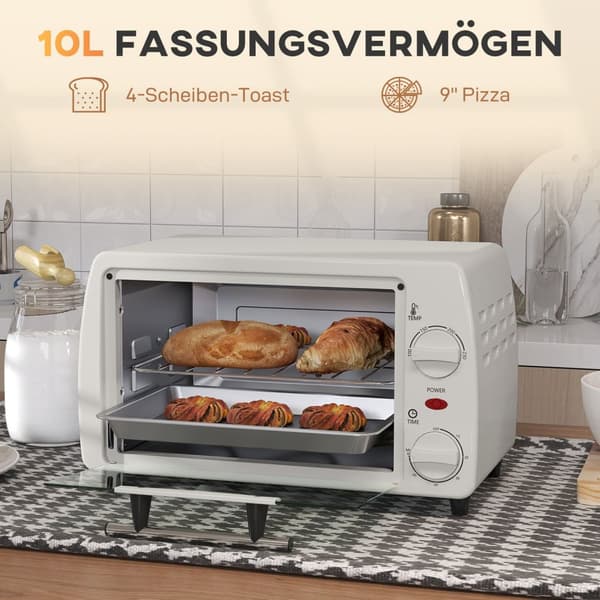 Miniuuni 10 litraa 750W Pieni sähköuuni, jonka lämpötila on jopa 230? Ajastin 60 minuuttia uunipelti ja ritilä 36,5x26x22 cm kermanvalkoinen Aosom