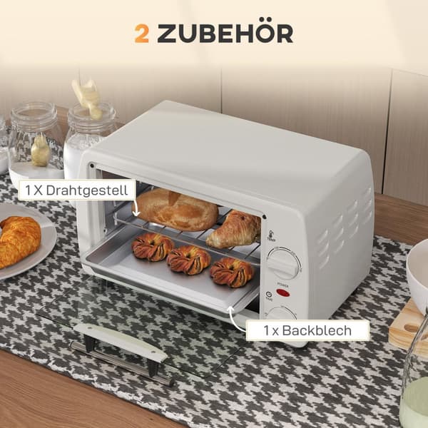 Miniuuni 10 litraa 750W Pieni sähköuuni, jonka lämpötila on jopa 230? Ajastin 60 minuuttia uunipelti ja ritilä 36,5x26x22 cm kermanvalkoinen Aosom