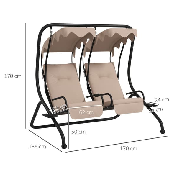Hollywood-huske med koppholder og sittepute, 2-seters hagehuske med solseil, huskebenkbelastning opptil 220 kg, hageseng for hage, terrasse, 170 x 136