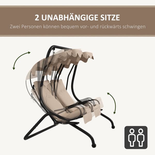 Hollywood-huske med koppholder og sittepute, 2-seters hagehuske med solseil, huskebenkbelastning opptil 220 kg, hageseng for hage, terrasse, 170 x 136
