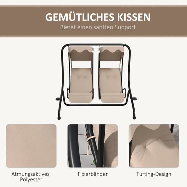 Hollywood-huske med koppholder og sittepute, 2-seters hagehuske med solseil, huskebenkbelastning opptil 220 kg, hageseng for hage, terrasse, 170 x 136