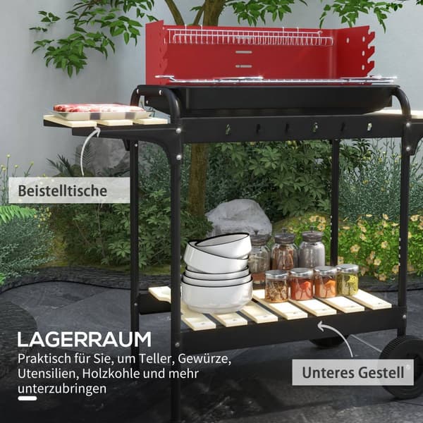 Kullgrill laget av metall BBQ røyker med hjul, høydejusterbar grillrist, trehylle, mobil grillvogn kullgrill, kullgrill for grillcamping, terrasse, 10