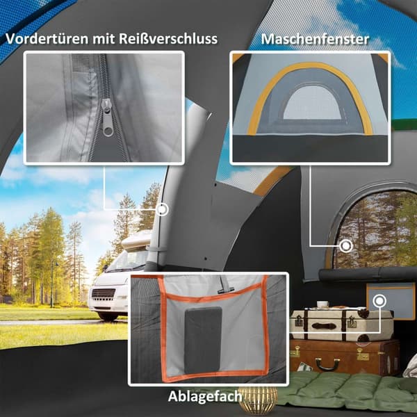 Campingtält för 5-6 personer, stabilt, vattentätt familjetält med entréfönster, packväska, tält med 3000 mm vattenpelare, tunneltält, kupoltält för ca