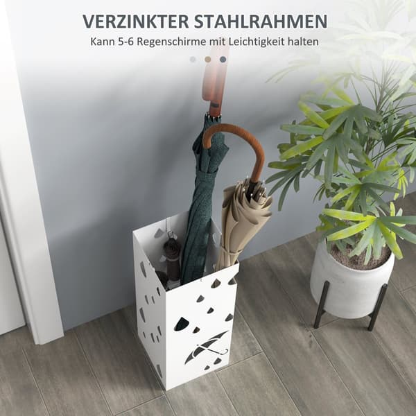 Paraplystativ med 4 kroge, vandopsamlingsbakke, paraplyholder til entre, paraplyer og spadserestokke, stål, 15,5 x 15,5 x 40 cm, hvid