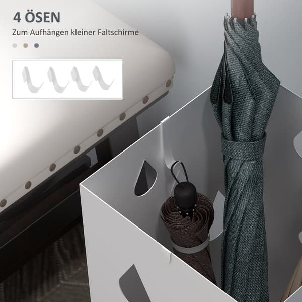 Paraplystativ med 4 kroge, vandopsamlingsbakke, paraplyholder til entre, paraplyer og spadserestokke, stål, 15,5 x 15,5 x 40 cm, hvid