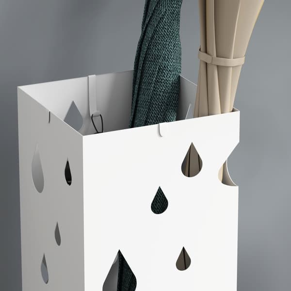 Paraplystativ med 4 kroge, vandopsamlingsbakke, paraplyholder til entre, paraplyer og spadserestokke, stål, 15,5 x 15,5 x 40 cm, hvid