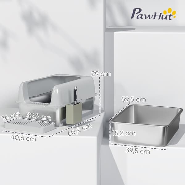 Kattesandboks med lokk, kattesandboks med scoop, kar i rustfritt stål, kattetoaletthus med oppbevaringsboks for katter under 4,5 kg, innendørs, lys gr