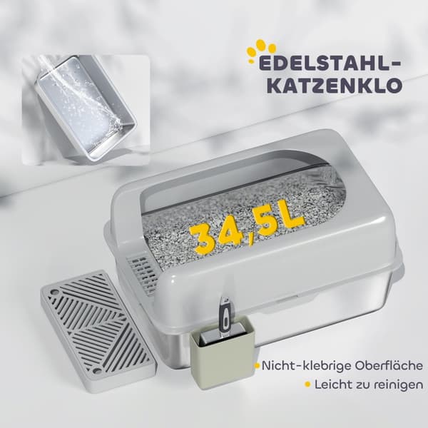 Kattesandboks med lokk, kattesandboks med scoop, kar i rustfritt stål, kattetoaletthus med oppbevaringsboks for katter under 4,5 kg, innendørs, lys gr