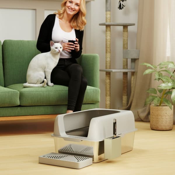 Kattesandboks med lokk, kattesandboks med scoop, kar i rustfritt stål, kattetoaletthus med oppbevaringsboks for katter under 4,5 kg, innendørs, lys gr