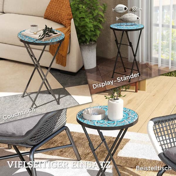 Sidebord, foldbart havebord med mosaikdesign, diameter 35,5 x 55 cm, rundt vejrbestandigt altanbord af metal, campingbord, klapbord, sofabord til stue