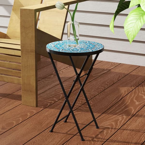 Sidebord, foldbart havebord med mosaikdesign, diameter 35,5 x 55 cm, rundt vejrbestandigt altanbord af metal, campingbord, klapbord, sofabord til stue