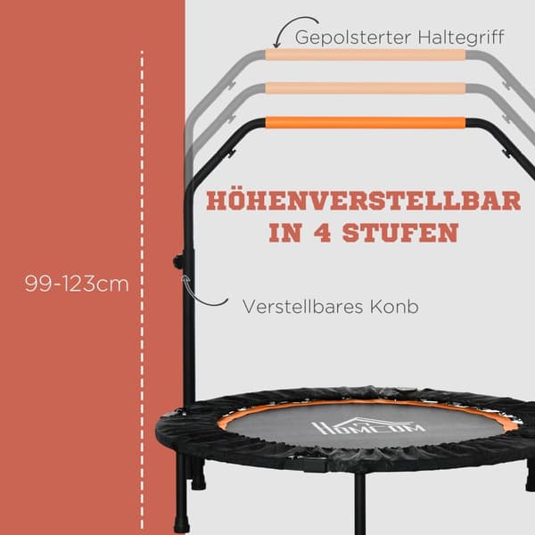 102 cm Fitness Trampoline, Sammenleggbar Mini Trampoline med fireveis høydejusterbart håndtak, Fitness Rebounder for voksne, opptil 100 kg, Svart