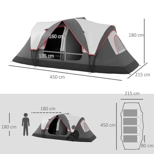 Campingtält, tunneltält för 8 personer, med ljuskrokar, nätfönster, 2 rum, vindtätt familjetält med bärväska, 2000 mm vattenavvisande grupptält för ca