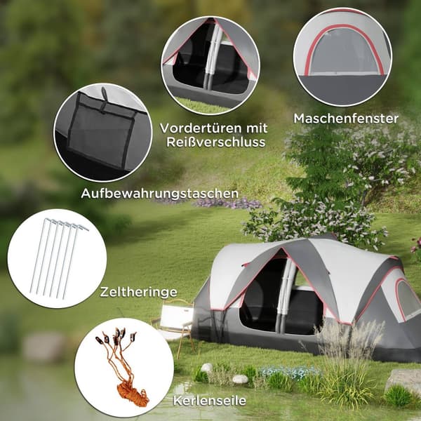 Campingtält, tunneltält för 8 personer, med ljuskrokar, nätfönster, 2 rum, vindtätt familjetält med bärväska, 2000 mm vattenavvisande grupptält för ca