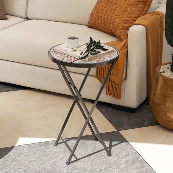 Sidebord, sammenleggbart hagebord med mosaikkdesign, diameter 35,5 x 55 cm, rundt værbestandig balkongbord av metall, campingbord, sammenleggbart bord