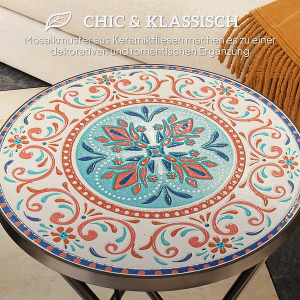 Sidebord, sammenleggbart hagebord med mosaikkdesign, diameter 35,5 x 55 cm, rundt værbestandig balkongbord av metall, campingbord, sammenleggbart bord
