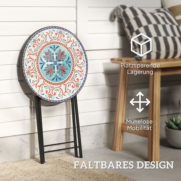Sidebord, sammenleggbart hagebord med mosaikkdesign, diameter 35,5 x 55 cm, rundt værbestandig balkongbord av metall, campingbord, sammenleggbart bord