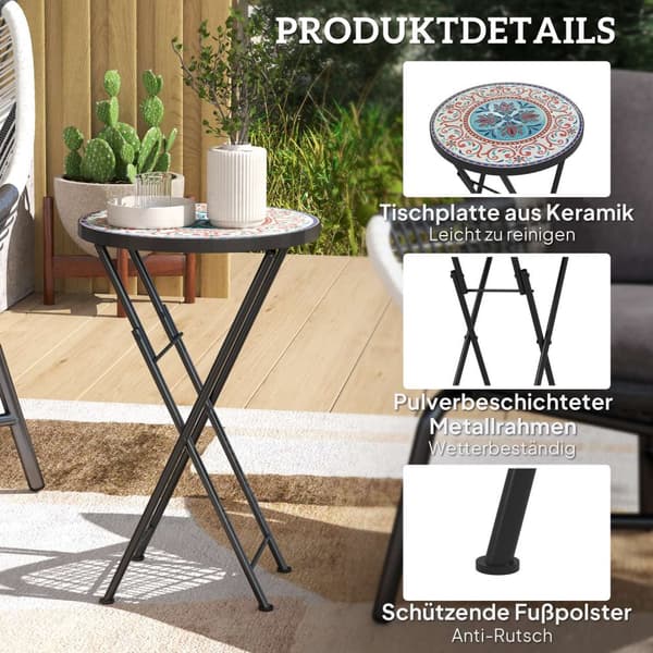 Sidebord, sammenleggbart hagebord med mosaikkdesign, diameter 35,5 x 55 cm, rundt værbestandig balkongbord av metall, campingbord, sammenleggbart bord