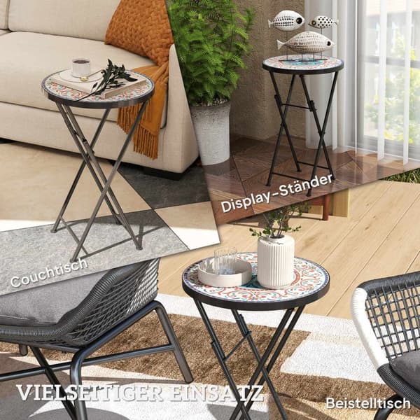 Sidebord, sammenleggbart hagebord med mosaikkdesign, diameter 35,5 x 55 cm, rundt værbestandig balkongbord av metall, campingbord, sammenleggbart bord