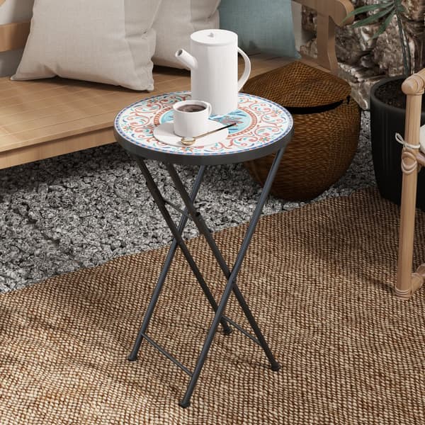 Sidebord, sammenleggbart hagebord med mosaikkdesign, diameter 35,5 x 55 cm, rundt værbestandig balkongbord av metall, campingbord, sammenleggbart bord