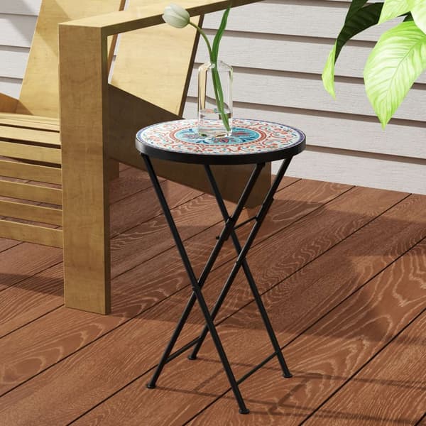 Sidebord, sammenleggbart hagebord med mosaikkdesign, diameter 35,5 x 55 cm, rundt værbestandig balkongbord av metall, campingbord, sammenleggbart bord