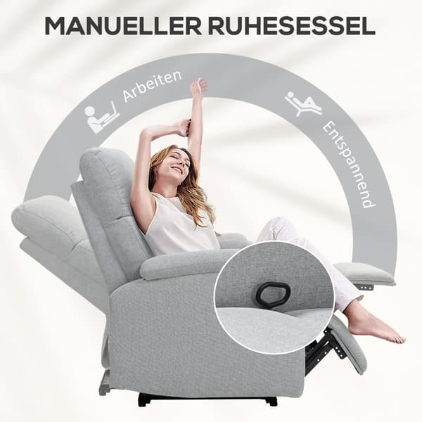 Relaxfåtölj, TV-fåtölj med liggfunktion, stoppad TV-fåtölj med linnelook, liggfåtölj med pocketfjäderkärna, liggstol med bärförmåga upp till 150 kg fö