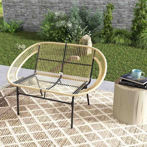 2-seters hagebenk polyrattan, værbestandig benk i rottingvevd design, UV-bestandige hagemøbler med ryggstøtter, parkbenk 260kg bæreevne, for balkongte