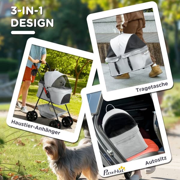 Hundevogn 3 i 1 hundevogn sammenleggbar hundeboks, sammenleggbar transportpose med drikkeholder, hundevogn, kattevogn med 360° hjul kattevogn for mini