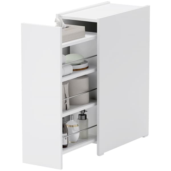 Smalt baderomsskap, toalettskap, sideskap med hjul, skuff inkl. 3 dype rom, nisjehylle, baderomsskap for små rom, stue, bad, 47 x 25 x 66,5 cm hvit