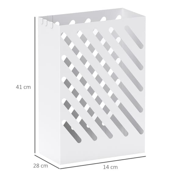 Paraplystativ Paraplystativ med 4 kroker og vannoppsamlingsbrett Paraplyholder for spaserstokker og paraplyer Stål 28 x 14 x 41 cm Hvit
