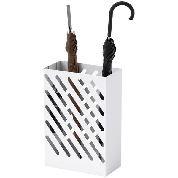 Paraplystativ Paraplystativ med 4 kroker og vannoppsamlingsbrett Paraplyholder for spaserstokker og paraplyer Stål 28 x 14 x 41 cm Hvit