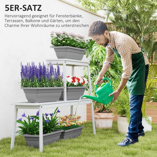 Sett med 5 blomsterpotter i plast, 59 x 21 x 16 cm stablebare blomsterpotter sett, værbestandig plantekrukke, potter for innendørs og utendørs bruk, g