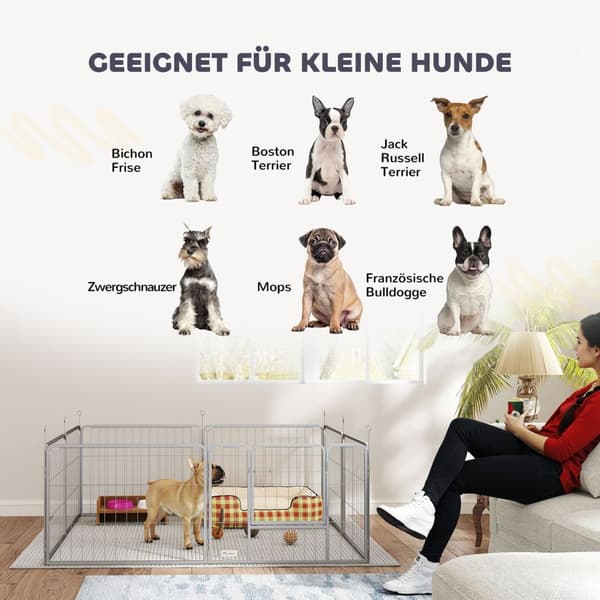 Valpeløp 60 cm høy, 8-delers lekegrind, valpegrind med belte og dør, utendørs innhegning for små til mellomstore hunder, marsvin, kaniner, stål, sølv