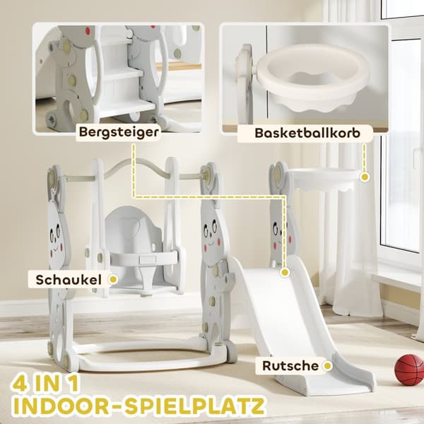 Rutsjebane 4-i-1 børnerutsjebane med gynge, klatrestativ, basketballkurve, legeplads med kanindesign, småbørnsrutschebane til indendørs og udendørs bø