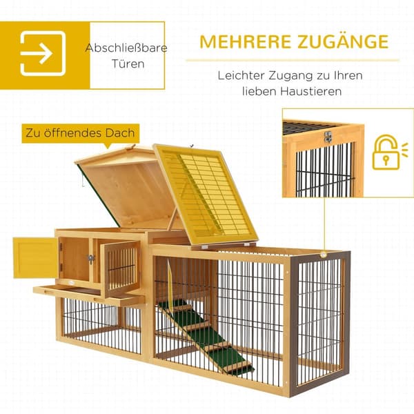 Kaninbur, 2 plan, kaninbur af grantræ, vintertæt, dobbeltdækkerhus med udendørs indhegning, rampe, 150 x 52 x 68 cm, kaninbur, udendørs lille dyrebur
