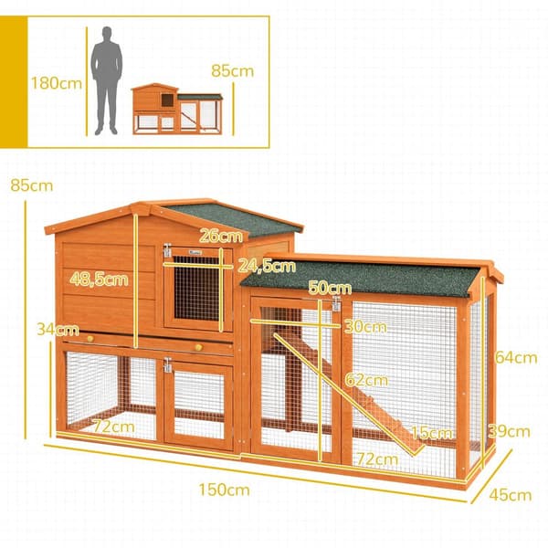 Kaninhytte 2 plan, kaninhytte af grantræ, vintertæt, dobbeltdækkerhus med udendørs indhegning, kar, rampe, 150 x 45 x 85 cm, kaninbur, udendørs lille
