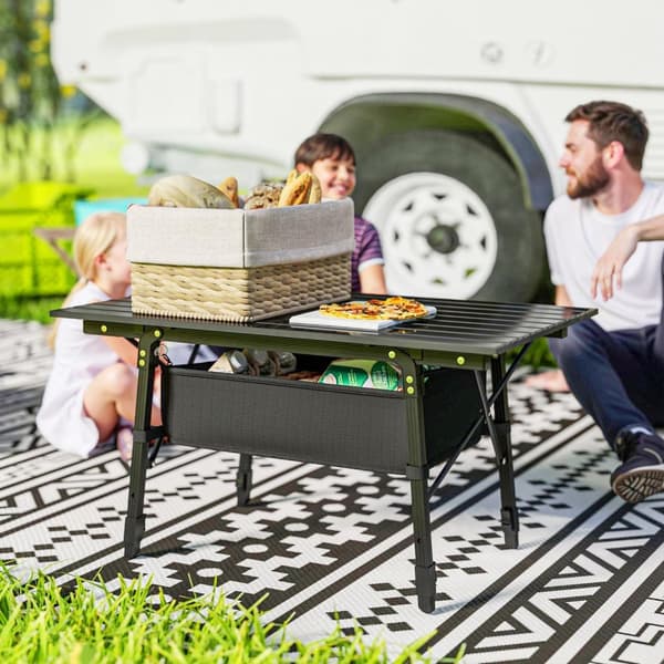Campingbord, sammenklappeligt picnicbord med opbevaringskurv, bæretaske, højdejusterbart klapbord, til havefester, camping, grill, aluminiumssort Aoso