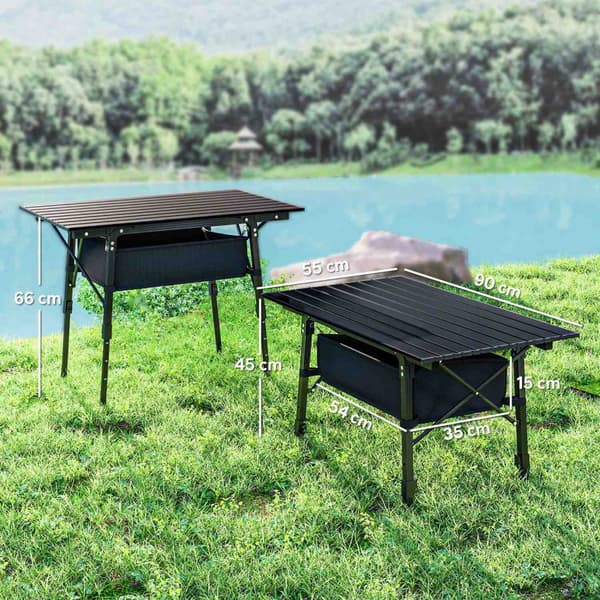 Campingbord, sammenklappeligt picnicbord med opbevaringskurv, bæretaske, højdejusterbart klapbord, til havefester, camping, grill, aluminiumssort Aoso