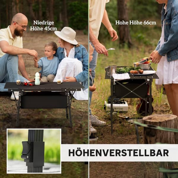 Campingbord, sammenklappeligt picnicbord med opbevaringskurv, bæretaske, højdejusterbart klapbord, til havefester, camping, grill, aluminiumssort Aoso
