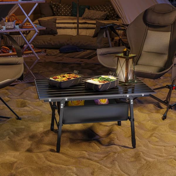 Campingbord, sammenklappeligt picnicbord med opbevaringskurv, bæretaske, højdejusterbart klapbord, til havefester, camping, grill, aluminiumssort Aoso