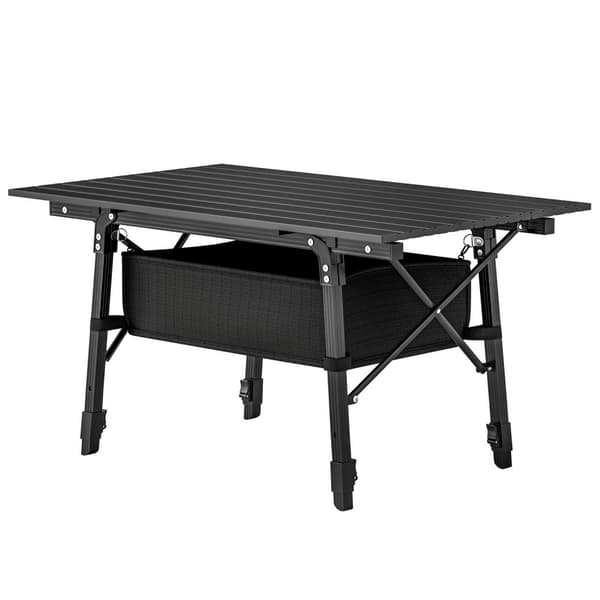 Campingbord, sammenklappeligt picnicbord med opbevaringskurv, bæretaske, højdejusterbart klapbord, til havefester, camping, grill, aluminiumssort Aoso