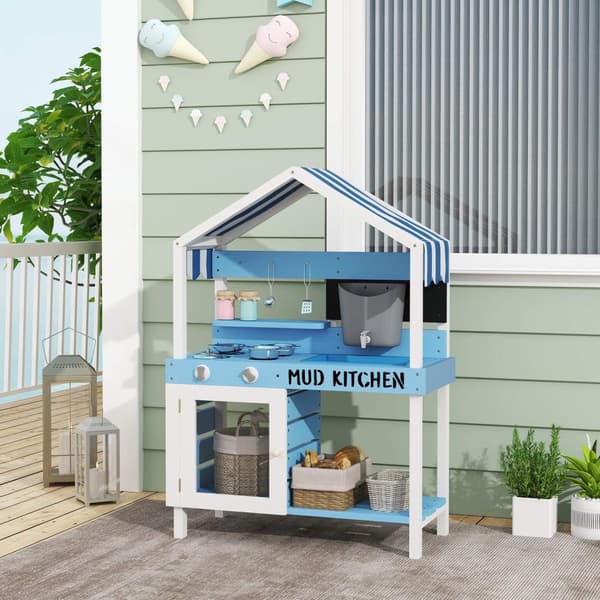 Mud Kitchen Barn Utehage Leke Kjøkken Laget av tre med komfyr, vask, kran, oppbevaringshyller, kokekar, tilbehør, lekekjøkken for barn 3-7 år Blå