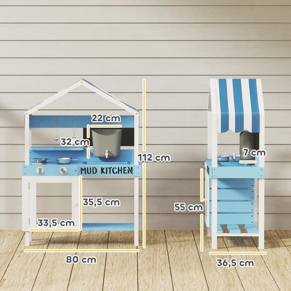 Mud Kitchen Barn Utehage Leke Kjøkken Laget av tre med komfyr, vask, kran, oppbevaringshyller, kokekar, tilbehør, lekekjøkken for barn 3-7 år Blå