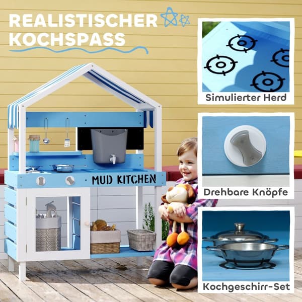 Mud Kitchen Barn Utehage Leke Kjøkken Laget av tre med komfyr, vask, kran, oppbevaringshyller, kokekar, tilbehør, lekekjøkken for barn 3-7 år Blå