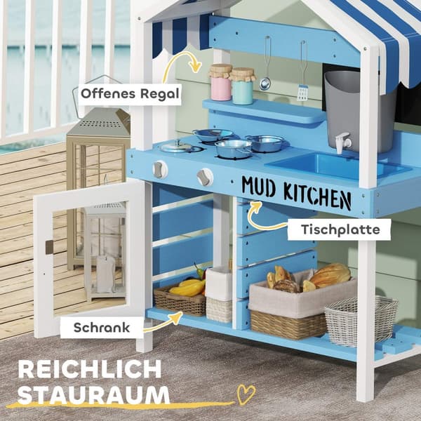 Mud Kitchen Barn Utehage Leke Kjøkken Laget av tre med komfyr, vask, kran, oppbevaringshyller, kokekar, tilbehør, lekekjøkken for barn 3-7 år Blå
