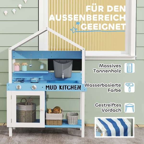 Mud Kitchen Barn Utehage Leke Kjøkken Laget av tre med komfyr, vask, kran, oppbevaringshyller, kokekar, tilbehør, lekekjøkken for barn 3-7 år Blå