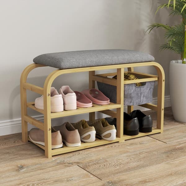 Skobänk med 2 plan, bänk med utdragbar korg, 2 skoställ, garderobsbänk med linnelook, för 5 par skor, för hall, hall, bambu, grå, 70 x 30 x 45 cm