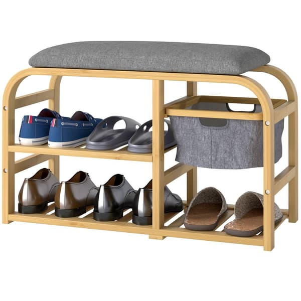 Skobenk med 2 plan, benk med uttrekkskurv, 2 skohyller, garderobebenk med linlook, for 5 par sko, til gang, gang, bambus, grå, 70 x 30 x 45 cm Aosom