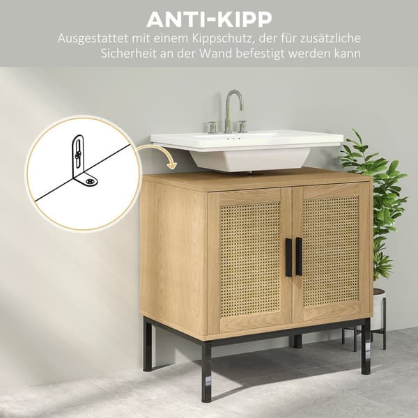 Vask underskap med skaprom, servantskap med rottinglook, baderoms underskap med vippebeskyttelse, eik, 60 x 39 x 60 cm